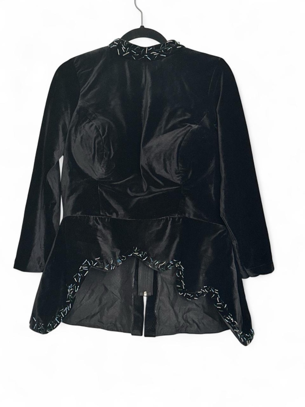 Black Velvet Long-Sleeve Peplum Top with Embellished Trim XL